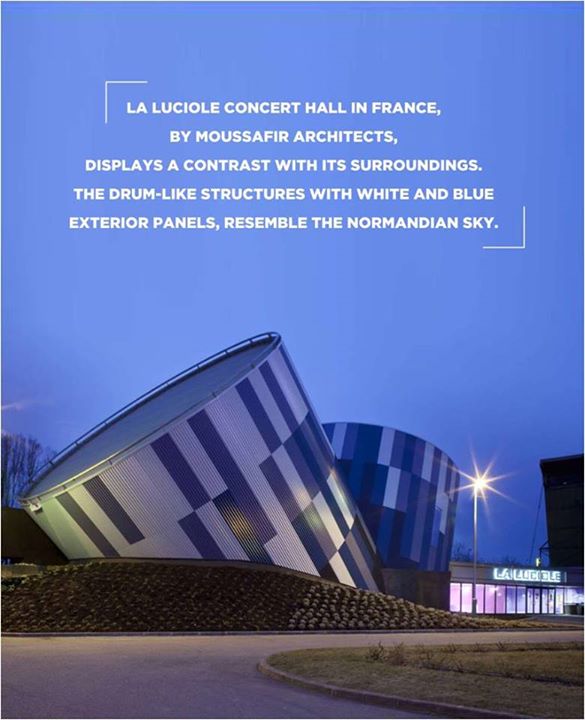 Artistic Architecture:
La Luciole Concert Hall is one of the unique architecture by Moussafir Architects situated in Alencon, France. The structure is such that it gives a feel of a form which is evoked from rectangular to cylindrical shape. It looks like two tilted, interconnected volumes that contain audience space and a stage.

Source: www.archdaily.com