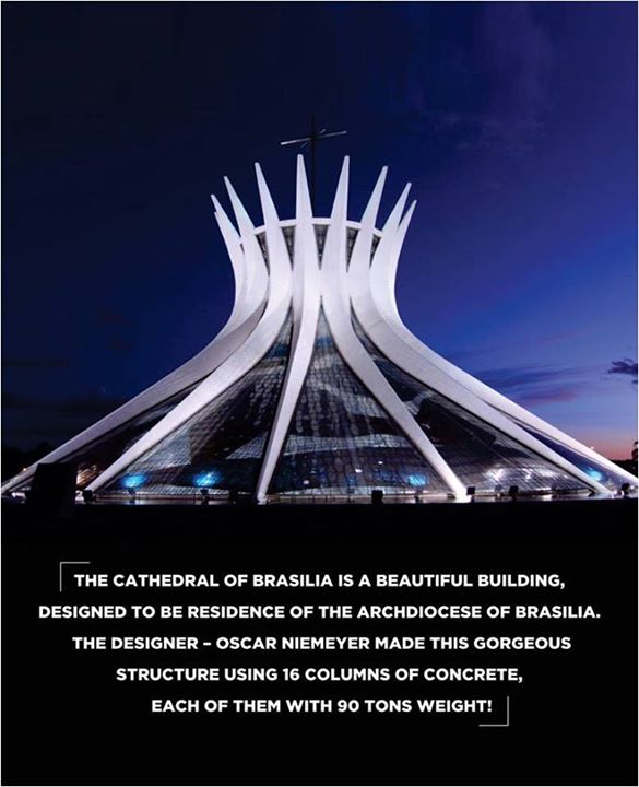 Artistic Architecture:
The Cathedral of Brasilia is a beautiful architecture of a Roman Catholic Cathedral serving Brazil. It was designed by Oscar Niemeyer which was completed on May 31, 1970 and was dedicated to Blessed Virgin Marry.

Source: Wikipedia