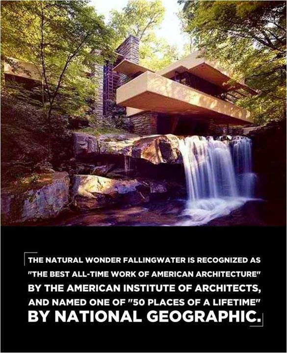 Artistic Architecture:
The renowned Falling Water is the name of the house built over a waterfall in southwest Pennsylvania, designed by the most famous architect of America Frank Lloyd Wright between 1936 and 1939.

Source: fallingwater.org