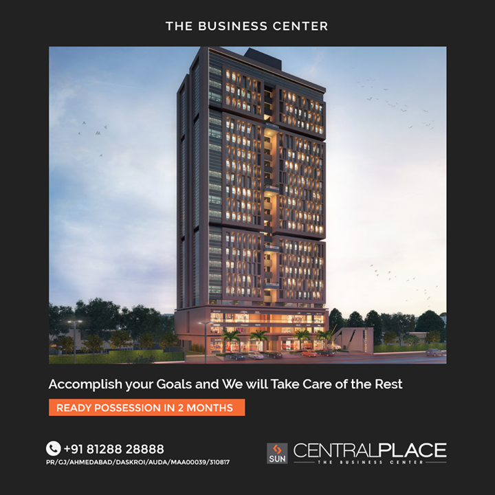 Wait no more! Offering you Everything that you need from a Prime Location, Planned Infrastructure to Comfortable Spaces in just 2 Months. A 20 Storey Commercial Commune will help you create a Unique Identity and your Success will come running towards you.

#SunCentralPlace #Bopal #Ahmedabad #SunBuildersGroup #Gujarat #RealEstate #SunBuilders #Offices #Commercial #Retail