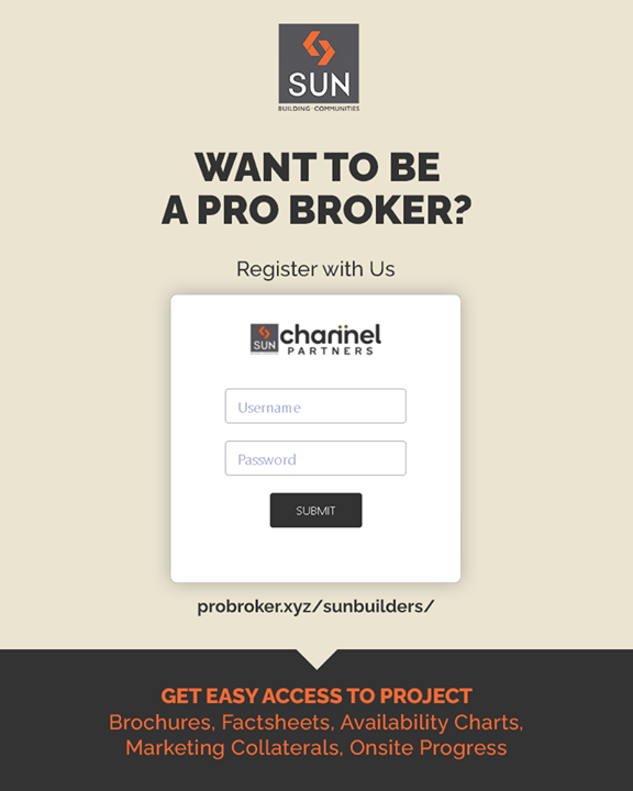 All the Channel Partners out there, this is a great opportunity for you to strengthen your bond with us by getting premium access to all our Projects. 

Be a Pro Broker to get fast and easy access to Sun Builders Group’s Project Brochures, Factsheets, Availability Charts, Marketing Collaterals and Onsite Progress.

What are you waiting for?
Register today on the link:
https://probroker.xyz/sunbuilders/signup.php

#ProBrokers #ChannelPartners #Brokers #SunBuildersBrokers #SunBuildersGroup #SunBuilders #RealEstate #Ahmedabad #RealEstateGujarat #Gujarat