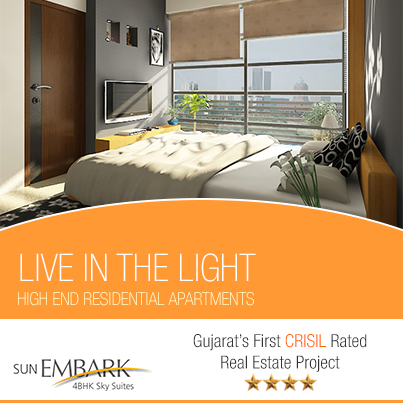 We are delighted to share our current project 'SUN EMBARK' that represents unprecedented heights of style and luxury.

Sun Embark - Sky Suites have been created to be Gujarat's first CRISIL rated affluent 12 storey residential tower, strategically located on S.G Road, having a unique concept of podium level parking.

See the e-brochure & more details: http://bit.ly/13zS8Vm