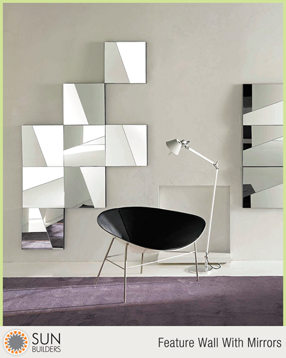An artistic feature wall made from a collection of mirrors brings light inside to give a sparkle that your room needs. #featurewall   #decor