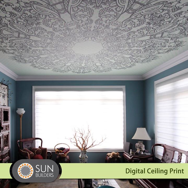 Digital ceiling prints infuse the spaces with a distinct character and images can fit any wall or ceiling, making it easy to get the big-picture effect in your home while hidden LED lights create a dramatic night-time picture. #homestyling #digitalart