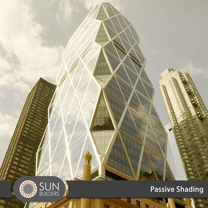 Passive shade systems can decrease dependence on conventional air-conditioning. When positioned along the building’s sun-facing facades, the vertical slatted shutters provide shade during the hot summer months but can be fully opened to allow sunlight to reach the interior during winter. #sustainable #design