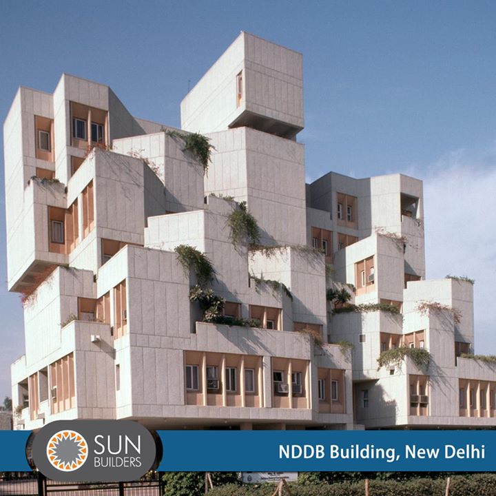 The design for the NDDB building depicts an assemblage of rooms and balconies, composed around the structural frame and the vertical circulation elements while also incorporating green building techniques reducing its energy consumption. #Famous #architecture
