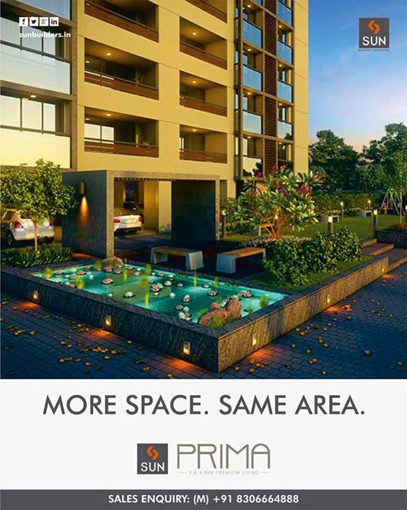 At Sun Prima, we understand your need for space, and so we provide it with more space per area!

Know more about Sun Prima: http://sunbuilders.in/sun-prima/