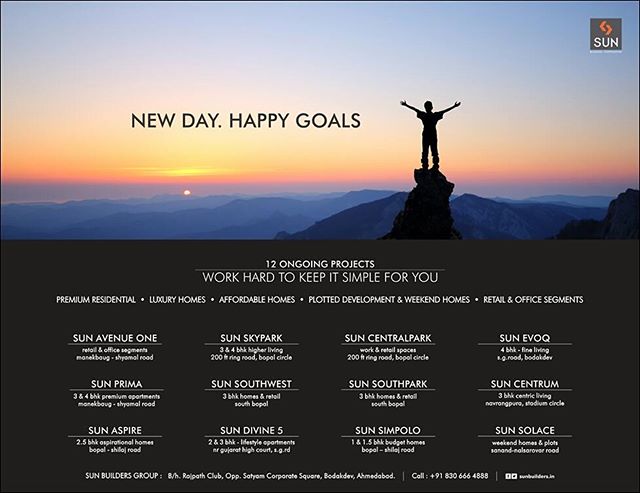 Each day, we wake up to a new goal, a new aspiration. And we commit ourselves to accomplish it. These are our current magnificent goals, our ultimate zenith and we're happily climbing to reach the pinnacle. 
#SunBuilders #RealEstate #constructiongoals #realestategoals