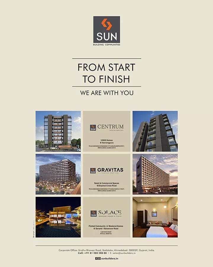 Sun Builders, SunBuilders, SunBuildersGroup, SunCentrum, SunGravitas, SunSolace, 3BHK, 3BHKHomes, Retail, WeekendHomes, PremiumLiving, Ahmedabad, Gujarat, RealEstate, Residential, Commercial, WePromiseWeDeliver, Construction, AffordableHomes, Navrangpura, ShyamalCrossRoad, SanandRoad