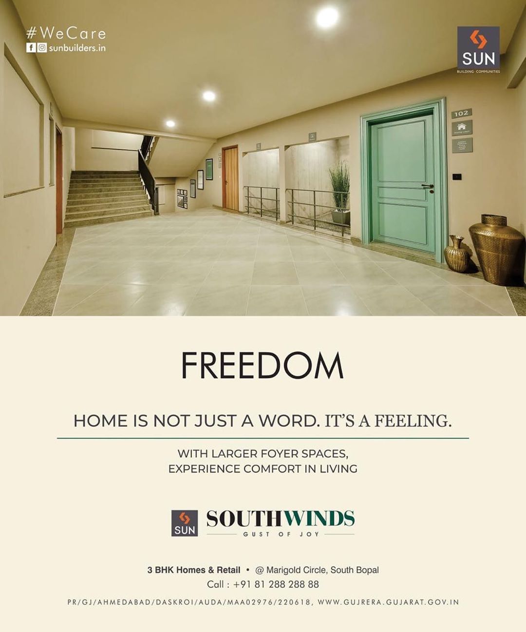 Nearly 4 decades of trust, quality construction, ethical practice and commitment is what you get with Us. 
Sun South Winds, Retail outlets & 3BHK Affordable Homes located at prime location in South Bopal. Designed aesthetically and well planned project in close promixity to all your daily necessities. 
Possession in 2 months!!
For Details Call +91 987932060

#retail #residential #southbopal #affordablehomes #3bhk #safeinvestment #qualityconstruction #ethics #realestateahmedabad #sunbuildersgroup #staysafe #wecare