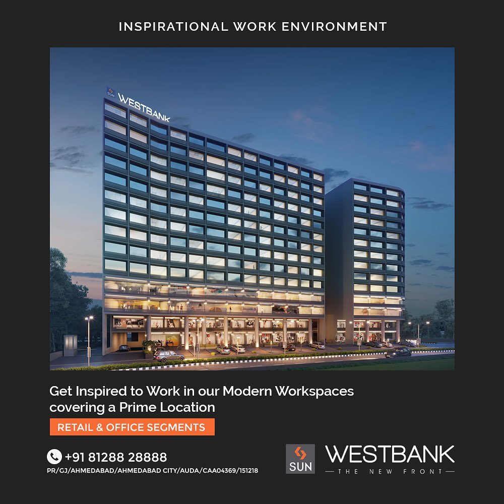 When you mention innovation, hard work and success, opportunities at the Project Sun Westbank provides an 'inspirational work environment' with Beautiful Riverfront Views. 

For Details Call +91 9978932057

#SunWestBank #SunBuildersGroup #Ahmedabad #Gujarat #RealEstate #SunBuilders #Ashramroad #Riverfront #offices #showrooms