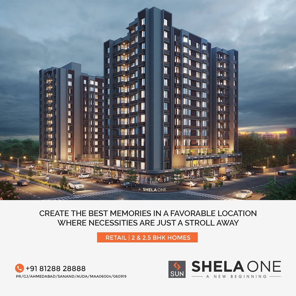 Shela One marks a new beginning of your Life. Make your greets and meets more fun in this festive season! Come close to your Family and Experience Togetherness in this Busy World. Turn our 2 & 2.5 BHK Houses into Homes with your Laughter and Memories. Our Well Planned Infrastructure and Close-by Amenities ensure an Easy, Enjoyable and Aesthetic Living.

#Shela #Ahmedabad #retail #residential #SunShelaOne #SunBuildersGroup #Gujarat #RealEstate #SunBuilders