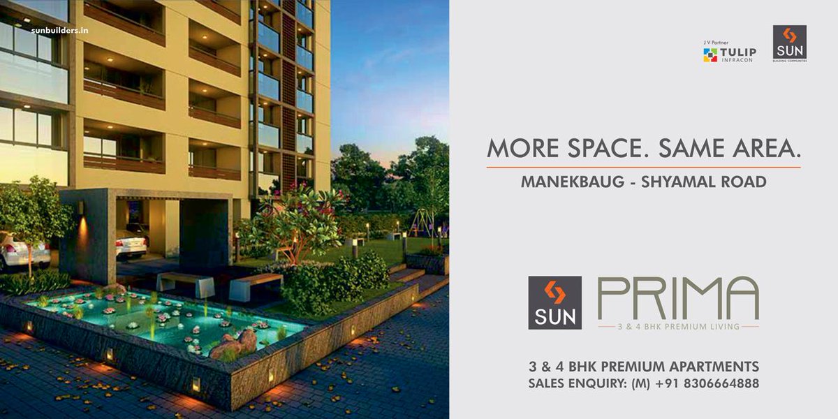 Experience premium living at Sun Prima at Manekbaug.
#realestate #ahmedabad

View more at: http://t.co/HfU1vV4tv7 http://t.co/oUTgROmFKi